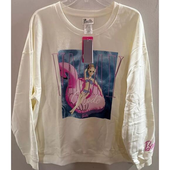 Barbie Sweatshirt Women's Size 2X White Vacation Mode Graphic Crew Neck Pullover - Picture 1 of 3
